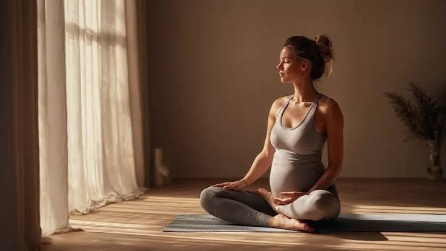 Femme enceinte assise en position de méditation sur un tapis de yoga