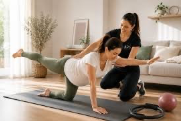  Femme enceinte pratiquant une posture de yoga sur un tapis, accompagnée d’une instructrice.